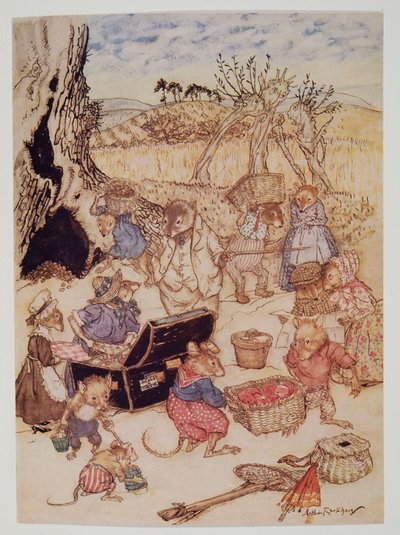 Ma azonban, bár elég polgárosak voltak, a szántóföldi egerek és a betakarítási egerek úgy tűntek elfoglaltak, Kenneth Grahame (1859-1932), kocsma Wind in the Willows című művéből. 1940 alkotó: Arthur Rackham
