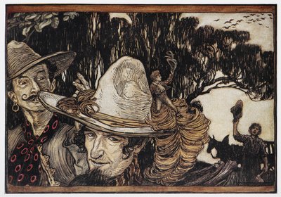 Tom Thumb egy kalap karimáján ül. alkotó: Arthur Rackham