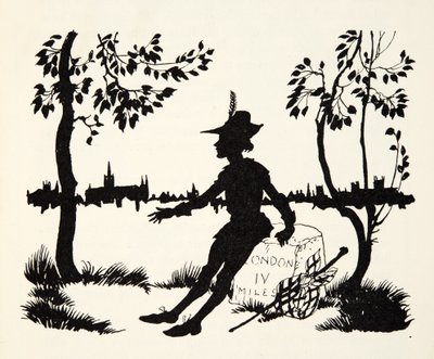 Fordítsa vissza Whittingtont, London háromszoros főpolgármesterét a The Arthur Rackham Fairy Book kocsmából. 1933 alkotó: Arthur Rackham