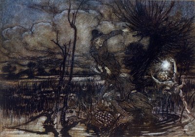 Két karakternek nem sikerül megfulladnia a mocsárban, Puck segít nekik a tűzben. Illusztráció: Arthur RACKHAM (1867-1939) William SHAKESPEARE: Egy nyári éjszaka álmához alkotó: Arthur Rackham