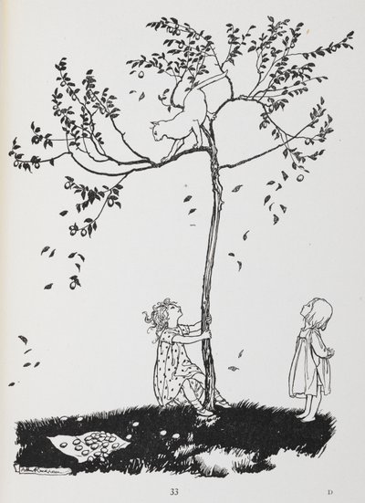 Két gyerek megpróbál letenni egy macskát a fáról. alkotó: Arthur Rackham