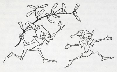 Két manó játszik, az egyik egy fagyöngyszálat cipel alkotó: Arthur Rackham