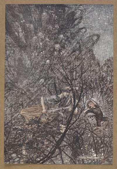 Fel és le, fel és le, goblin, vezesd őket fel és le. Jelenet a Szentivánéji álomból. alkotó: Arthur Rackham