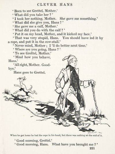 Amikor hazaért, a kezében volt a kötél, de a végén nem volt semmi, a Grimm testvérek tündérmeséi, kocsma. 1909 alkotó: Arthur Rackham