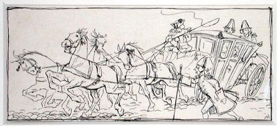 „Mitől olyan nehéz manapság az edző?” Illusztráció a „The Ingoldsby Legends, or Mirth and Marvels” című könyvéből, Thomas Ingoldsby 1898-ban megjelent (toll és tinta papíron) alkotó: Arthur Rackham