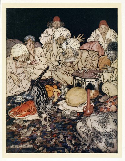 Amikor Puss meglátta a patkányokat és az egereket, nem várta, hogy elmondják neki, az English Fairy Tales kocsmából. 1922 alkotó: Arthur Rackham