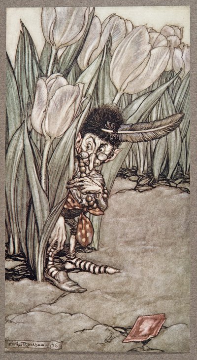 Amikor meghallotta Peters hangját, riadtan beugrott egy tulipán mögé, a Kensington Gardens-i Peter Pan-ből, J M Barrie (1860-1937), kocsma. 1906 alkotó: Arthur Rackham