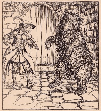 Amikor a medve meghallotta a zenét, nem tudta megállni, hogy elkezdjen táncolni. Illusztráció: Arthur Rackham a Grimm meséjéből, A ravasz kis szabó c. alkotó: Arthur Rackham