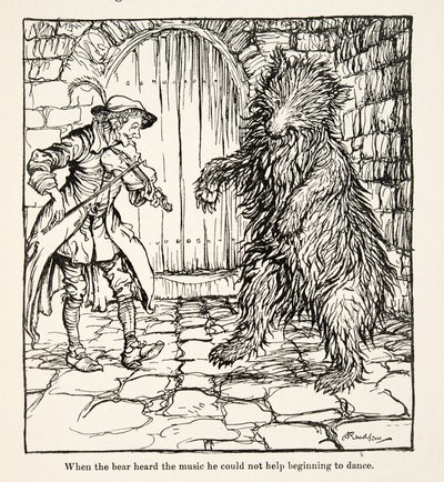 Amikor a medve meghallotta a zenét, nem tudott nem kezdeni táncolni, a Little Brother & Little Sister és a Grimm testvérek más meséiből, pub.1917 (litho) alkotó: Arthur Rackham