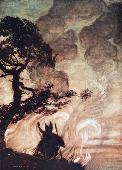 Wotan megfordul, és szomorúan néz vissza Brünnhildére. Illusztráció a Rhinegold és a Valkyr című filmekhez alkotó: Arthur Rackham