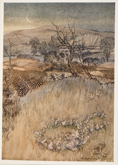 Ti félbábok, akiket holdfény hatására a zöld, savanyú gyűrűk készítenek, William Shakespeares illusztráció: A vihar, kocsma. 1926 alkotó: Arthur Rackham