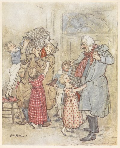 Kisgyerekek két idősebb férfinak segítenek felvenni a kabátjukat, miközben karácsonyi ajándékokat cipelve belépnek egy házba alkotó: Arthur Rackham