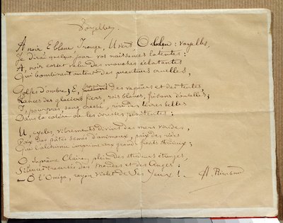 Arthur Rimbaud „A magánhangzók” című versének kézirata alkotó: Arthur Rimbaud