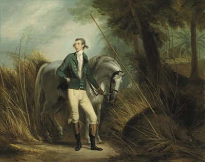Vaddisznóra vadászó úriember egy indiai tájban (olaj, vászon) alkotó: Arthur William Devis