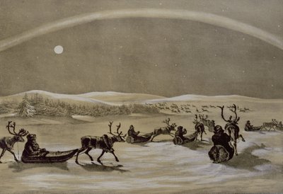 Az északi fény egyedi megjelenése egy lappföldi rénszarvascsorda felett, amely átkel a Jerdis Javrin, a lappföldi téli vázlatokból, James Duffield Harding (1798-1863) metszetében, 1825 (metszet) alkotó: Arthur de Capell Brooke