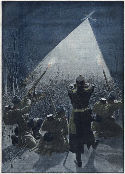 1913: Galícia határán az osztrákok tüzet nyitnak az orosz felderítő repülésekre (légvédelem). alkotó: Artist Unknown