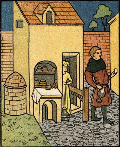 Egy pékség a 16. században. egy korabeli miniatűr után. alkotó: Artist Unknown