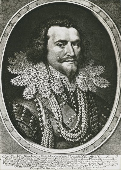 BUCKINGHAM, George Villiers, Villiers hercege (1592-1628). Brit politikus, I. Jakab és I. Károly kedvence. Metszet. alkotó: Artist Unknown