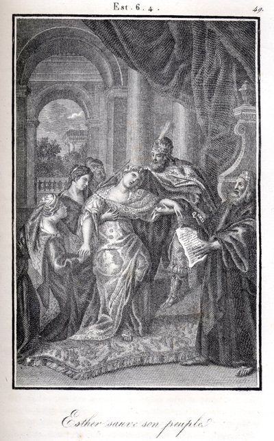 Biblia, Eszter megmenti a népét azzal, hogy megmondja Áhászerosznak, hogy Hámán meg akarja ölni (metszet). alkotó: Artist Unknown