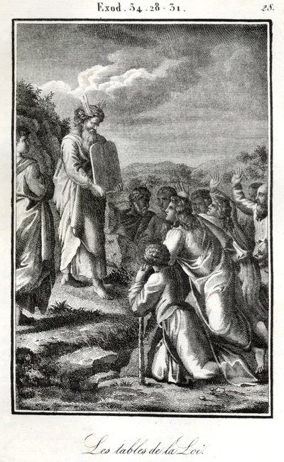 Biblia, Mózes mutatja a két táblát a tízparancsolattal (metszet) alkotó: Artist Unknown