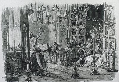 CHARLEMAGNE vagy I. Károly (742-814). A frankok és a longobárdok királya (768-814) és szent római császár (800-814). Nagy Károly szent római császárrá koronázása (800). Metszet. alkotó: Artist Unknown