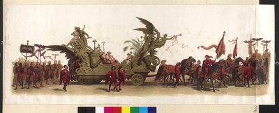 A Makart-Festzug (Ferenc József és Erzsébet ezüst évfordulója alkalmából rendezett felvonulás) kocsija a 27. április 1879-ben Bécsben alkotó: Artist Unknown