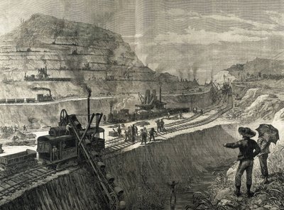 A Panama-csatorna építése. Kotrási munkálatok Culebra településen. Meltor Prior eredeti rajza. A kép a "The Illustrated London News" című lapban jelent meg. Metszet. alkotó: Artist Unknown