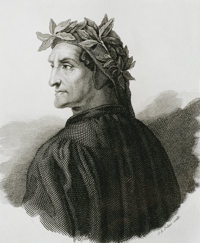 DANTE ALIGHIERI (1265-1321). Olasz költő; Raffaello (1483-1520). Raffaello egyik freskójának reprodukciója. Metszet. alkotó: Artist Unknown