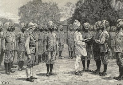 Anglia (19. század). Gyarmatosítás. India. Az új burmai ezredek. Az újoncok eskütétele. Metszet. Magángyűjtemény alkotó: Artist Unknown