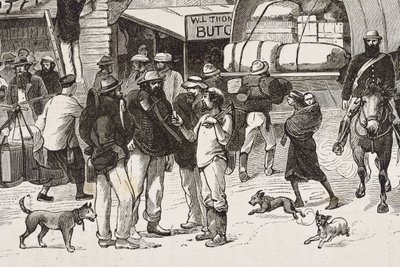 Anglia (19. század). Gyarmatosítás (1880). Az aranyásók élete Ausztráliában. Botany Bay angol gyarmat (1788-ban alapították), amelyet kezdetben főként bűnözőkből lett aranyásók és kereskedők népesítettek be. Metszet. Magángyűjtemény alkotó: Artist Unknown