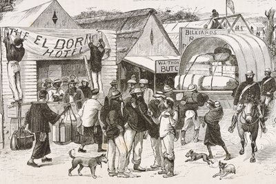 Anglia (19. század). Gyarmatosítás (1880). Az aranyásók élete Ausztráliában. Botany Bay angol gyarmat (1788-ban alapították), amelyet kezdetben főként bűnözőkből lett aranyásók és kereskedők népesítettek be. Metszet. Magángyűjtemény alkotó: Artist Unknown