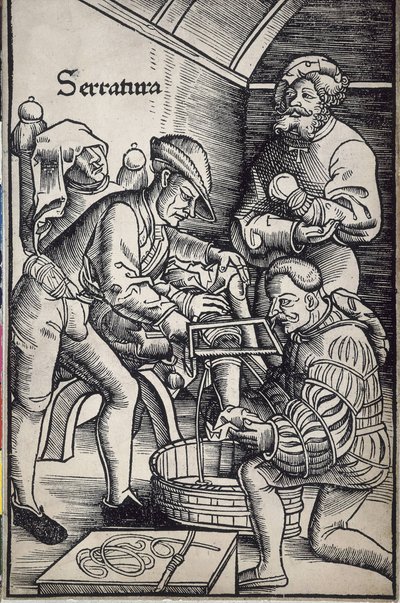 Gersdorff, Hans von (1455 - 1529). Német sebész. Egy láb amputálása. Hans Wechtlin fametszete a "Feldtbuch der Wundartzney" (A sebészet mezei könyve) című könyvhöz. alkotó: Artist Unknown