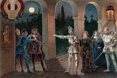 Leonora elrablása a zárdából Manrico által, II. felvonás, 5. jelenet Giuseppe Verdi "Il Trovatore" című operájából. alkotó: Artist Unknown