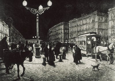 Madrid (1878). A Puerta del Sol villanyvilágítással. A kép Pellicer "La Ilsutracion Espanola y Americana" számára készített rajza után készült. Metszet. alkotó: Artist Unknown