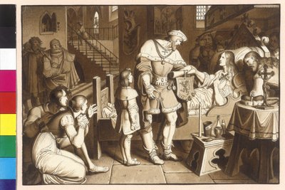 IV. Ottokár márki az Enns folyónál moribundly átadja a stájer márkát V. Leopoldnak. alkotó: Artist Unknown