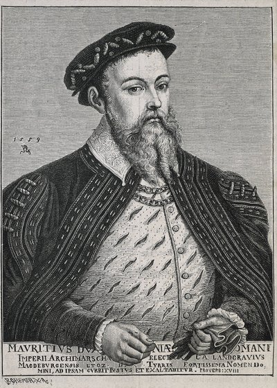 Szász Mór (1521-1553). Szászország hercege (1541-47), majd választófejedelme (1547-53). Protestáns 1539-től. Lucas Cranach festménye alapján készült portré. Metszet alkotó: Artist Unknown