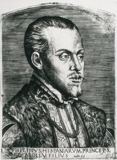 II. spanyol Fülöp (1527-1598). Spanyolország (1556-1598) és Portugália (1580-1598) királya. Fülöp portréja még hercegként. Xilográfia. alkotó: Artist Unknown