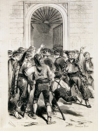 Spanyolország (1873). Az Első Köztársaság kikiáltása és a barcelonai városháza megostromlása (1873. február 11.). Metszet. alkotó: Artist Unknown