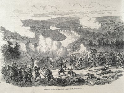 Spanyolország. Az 1868-as forradalom. Alcoleai csata (szeptember 20.), amely II. Izabella trónfosztásához vezetett. Metszet alkotó: Artist Unknown