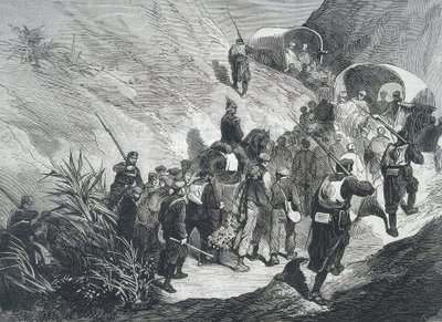 Spanyolország. Harmadik karlista háború. Karlista foglyok sétálnak a hegyeken át Empordában (Katalónia). Metszet. alkotó: Artist Unknown