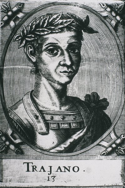 TRAJAN, Marcus Ulpius Traianus (53-117). Traianus portréja babérkoszorúval. Részlet az eredeti metszetről. Metszet. alkotó: Artist Unknown