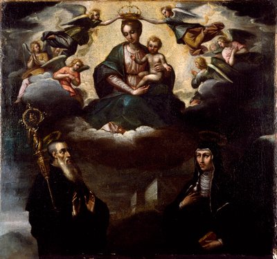 A Szűzanya a gyermekkel Nursiai Szent Benedekkel és nővérével, Sainte Scolastique (Scholastic), a Névtelen festő bencés rend alapítójával. Monte Cassino apátság, Olaszország alkotó: Artist Unknown