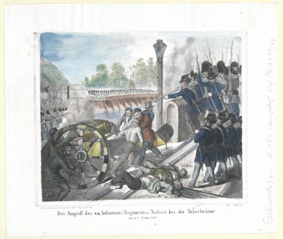 A k. k. támadása. Nassaui gyalogezred a Taborhídnál 1848. október 6-án. alkotó: Artist Unknown