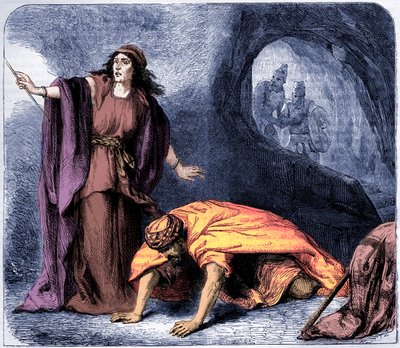 Sámuel felemelése az endori boszorkány által -Biblia (nyomtatás) alkotó: Artist Unknown
