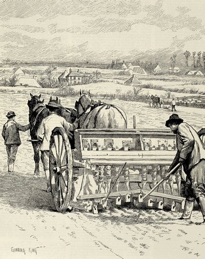 EGYESÜLT KIRÁLYSÁG. ANGOLORSZÁG. Ipari forradalom. Jethro Tull által feltalált fúrógép. Árpa vetése februárban. Gunning King rajzát a "The Illustrated London News" című lap tette közzé. Metszet. alkotó: Artist Unknown