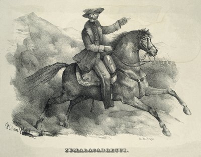 ZUMALACARREGUI, Tomas (1788-1835). Karlista tábornok. Spanyolország. Első karlista háború. Zumalacarregui lovagol. Metszet. alkotó: Artist Unknown