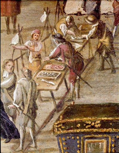A nápolyi Vicaria udvarának helye Masaniello forradalma idején A bûnözõk a bejárat elõtt bírák - Halárusokat ábrázoló részlet - Ascanio Luciani festménye (kb. 1621-1706) Nápoly, Museo Nazionale di San Martino alkotó: Ascanio Luciani