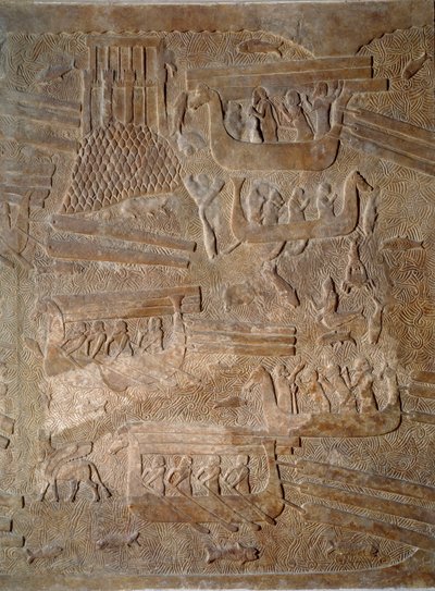 Art Mezopotámia (Asszíria): II. Sargon (Kr. e. 721-705) asszír király palotájának udvara cédrusfa szállítása Libanonból. Párizs, Musee du Louvre alkotó: Assyrian