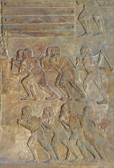 Részlet egy domborműről, amely a fa felhalmozását ábrázolja a parton a tengeri szállítás előtt, a II. Sargon palotából, Khorsabad, Irak alkotó: Assyrian