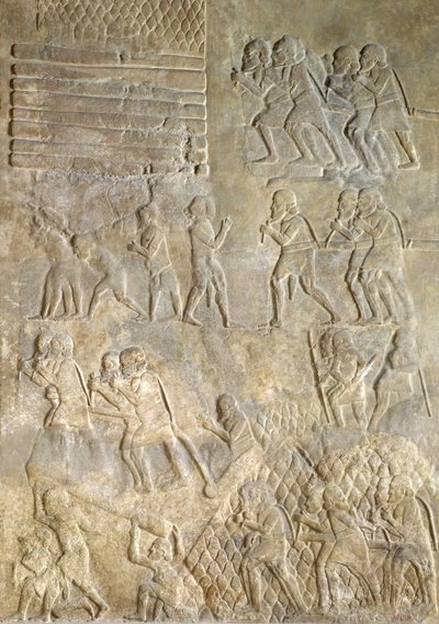 Dombormű, amely hordárokat ábrázol, akik fát szállítanak a tengerpartra tengeri szállítás céljából. a Sargon II palotából, Khorsabad, Irak alkotó: Assyrian